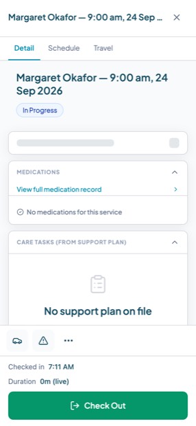 A shift in progress on a phone, with an ON SHIFT banner, a live duration counter and a Check Out button.