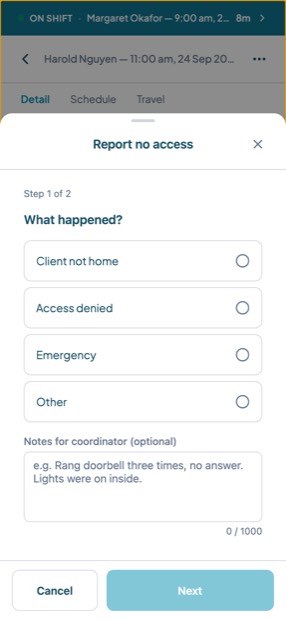 The Report no access screen on a phone, step one of two, asking what happened with options and a notes field.