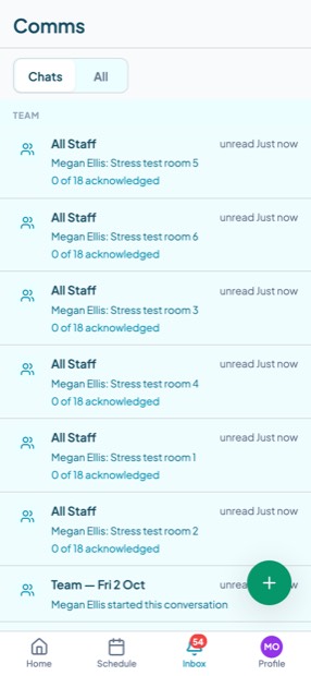 The carer Inbox on a phone showing team announcements and a client messages section.