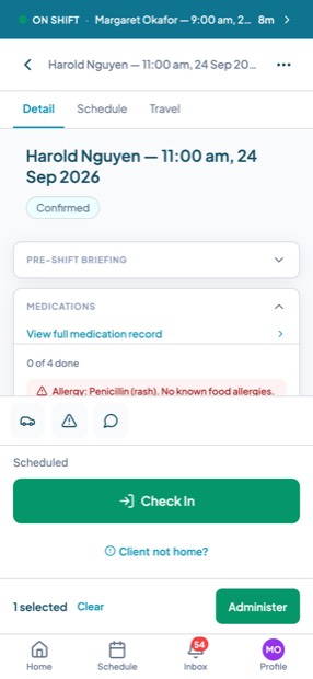 Medications selected on a phone with a bar at the bottom reading 1 selected, Clear, Administer.