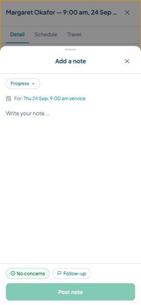 The note composer on a phone, showing the note type, the service it relates to, and No concerns and Follow-up options.