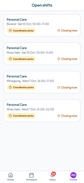 The Open shifts list on a phone showing four shifts with suburbs, times and badges.