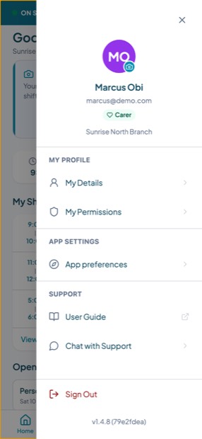 The carer profile menu on a phone showing My Details, My Permissions, App preferences, Chat with Support and Sign Out.