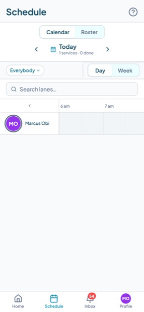 The carer schedule on a phone showing the day's services on a timeline.
