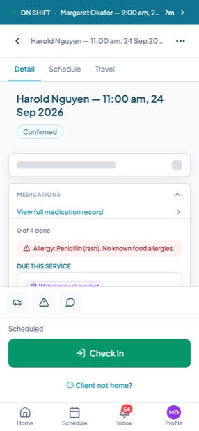 The medications section of a shift on a phone, showing due medications, a Webster pack pocket and PRN medications.