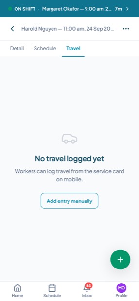 The Travel tab of a shift on a phone, showing no travel logged yet and an option to add an entry.