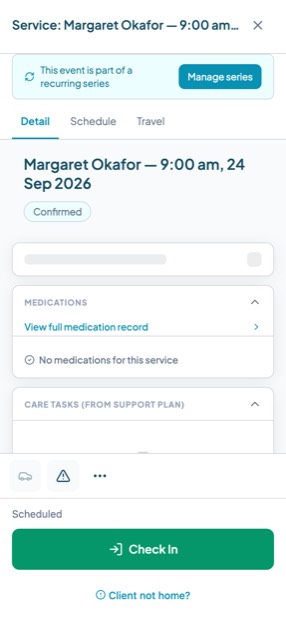 A shift card on a phone showing medications, care tasks, time, client, assigned worker and a Check In button.