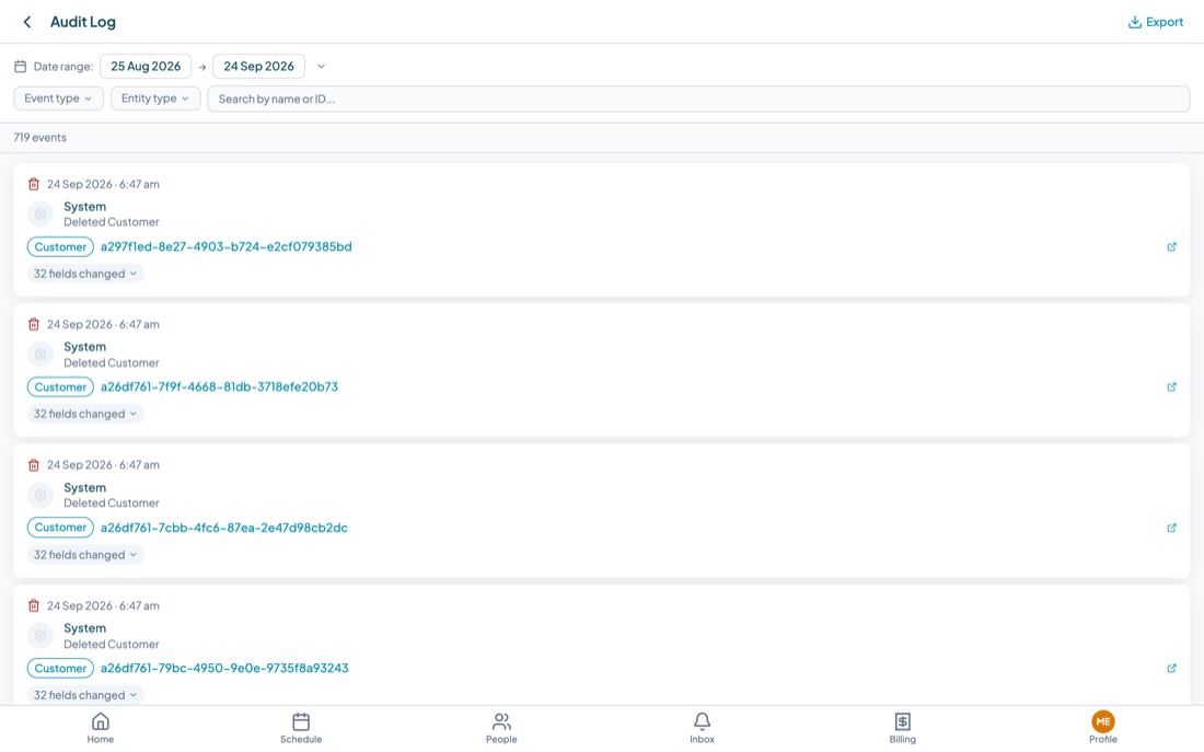 The Audit Log screen showing a filtered list of events with dates, actors and record types.