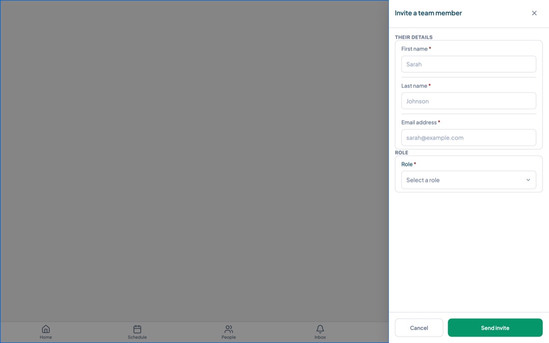 The invite a team member form with their details and a role selector.