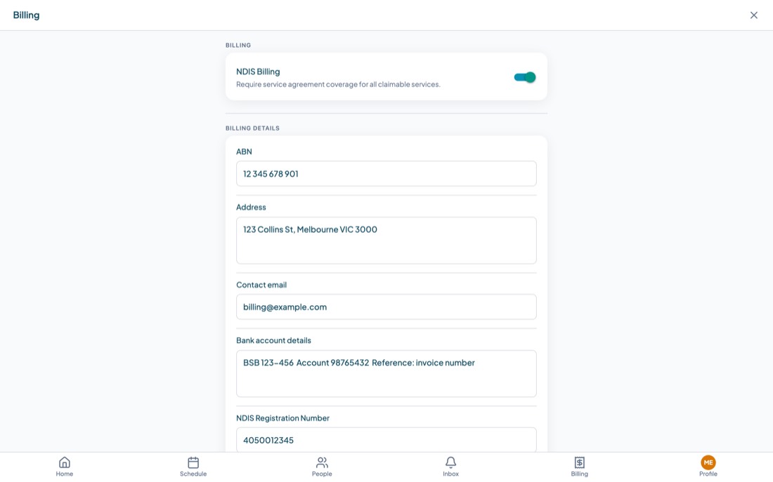 The billing settings screen with NDIS billing options, ABN, address, bank account and NDIS registration fields.