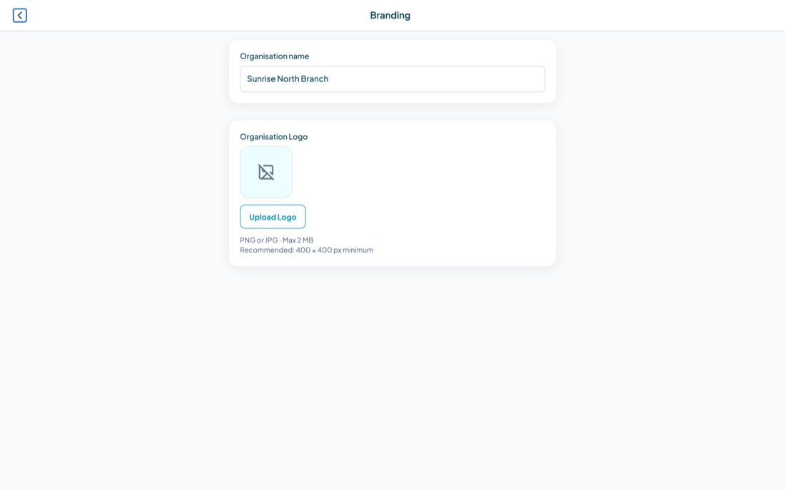The branding screen for uploading an organisation logo.