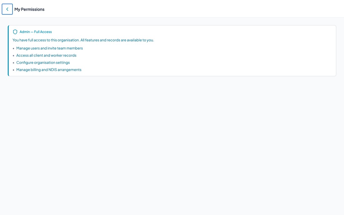 The My Permissions screen explaining what the signed in user's role allows.
