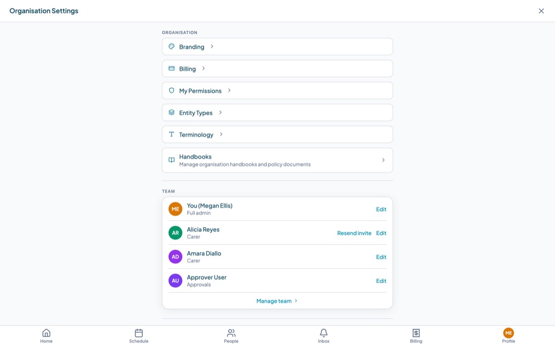 The Organisation Settings screen showing links to branding, billing, permissions, entity types and terminology, plus team, roster publishing, scheduler, visits and complaints settings.