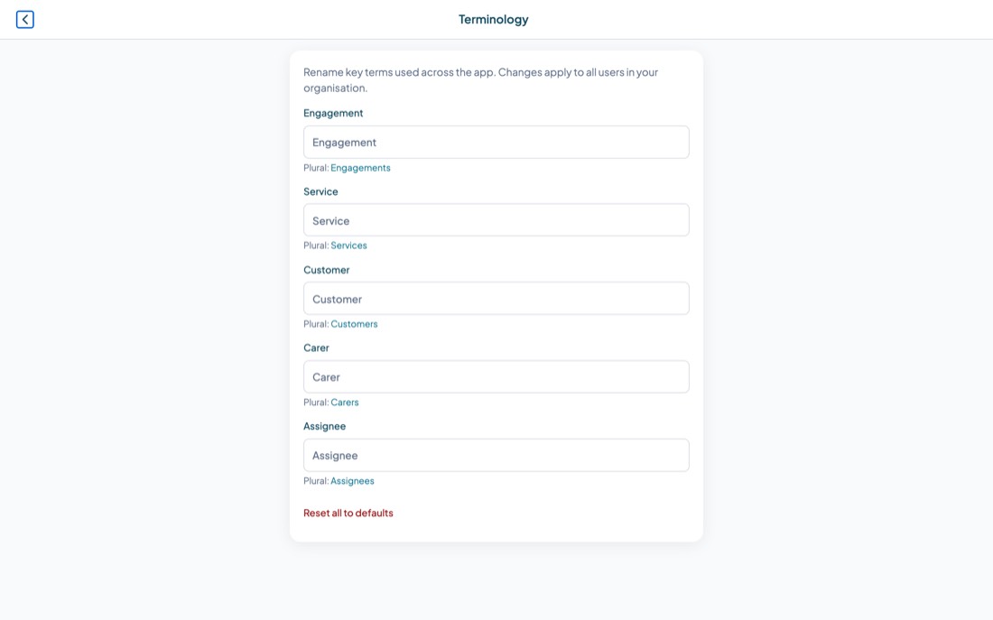 The Terminology screen listing renameable terms with singular and plural forms and a reset to defaults button.